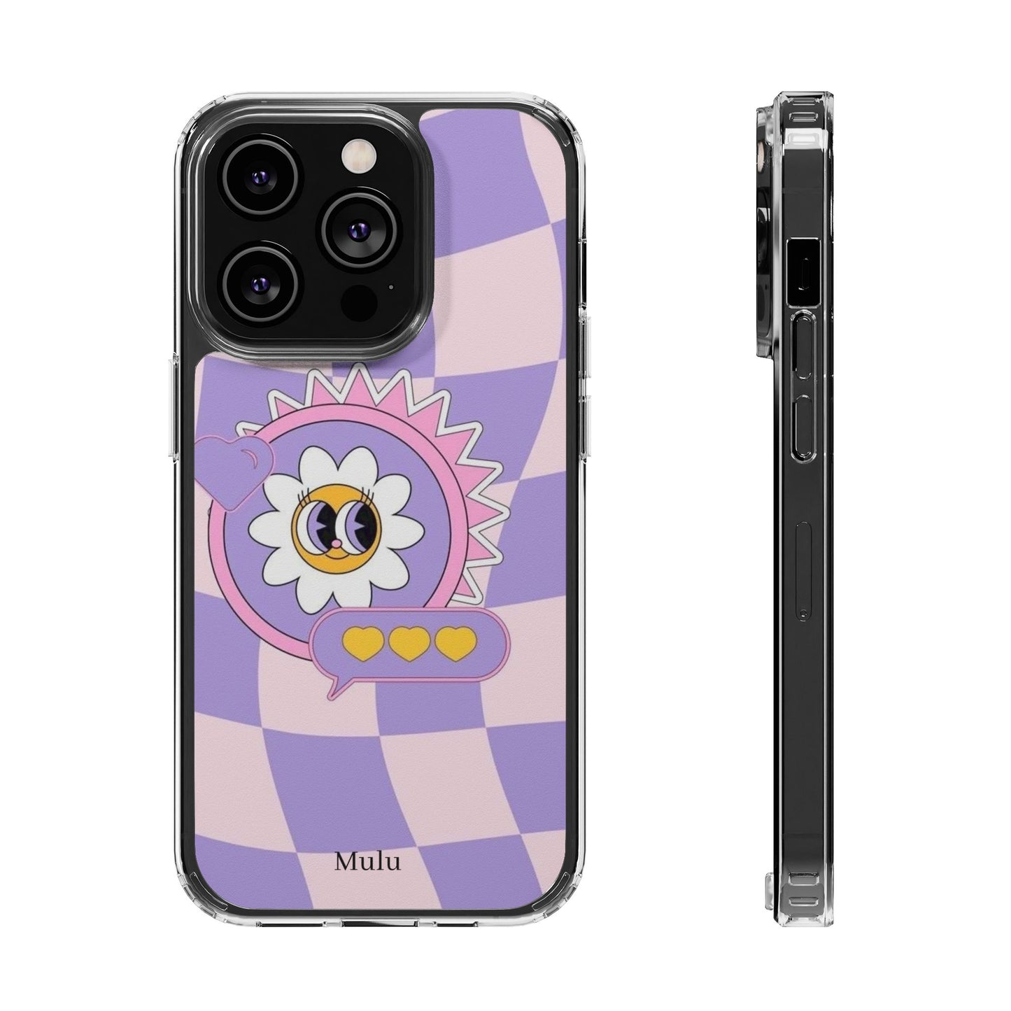 Clear Impact-Resistant Case — Cute Purple Checkerboard Dino with 'Mulu'