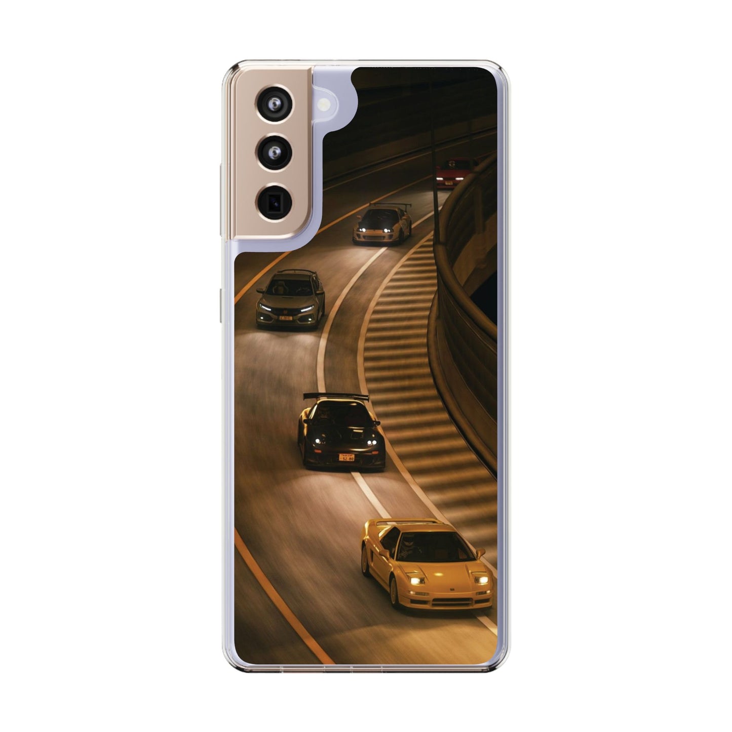 Racing Night Clear Phone Case – Sports Cars on Curved Highway