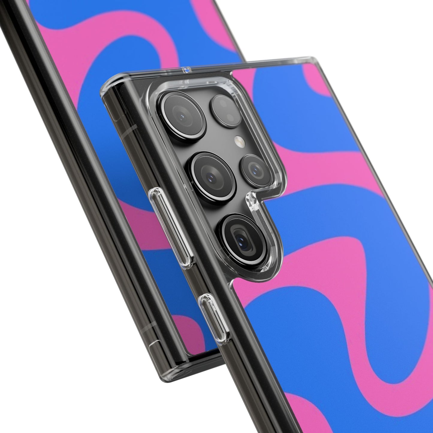 Clear Impact-Resistant Phone Case — Retro Blue & Pink Abstract Swirl