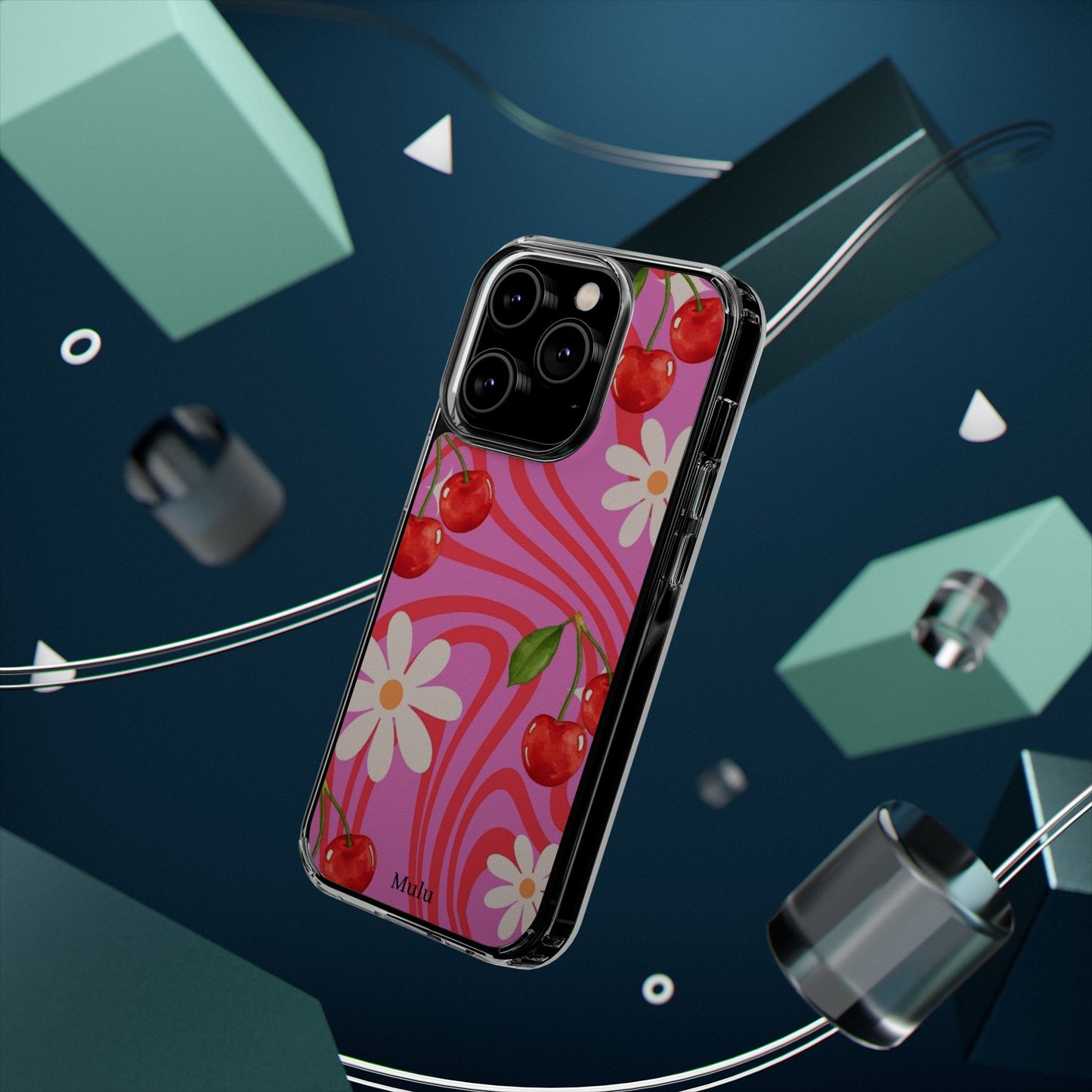 Clear Impact Phone Case — Retro Cherry & Daisy Floral Design