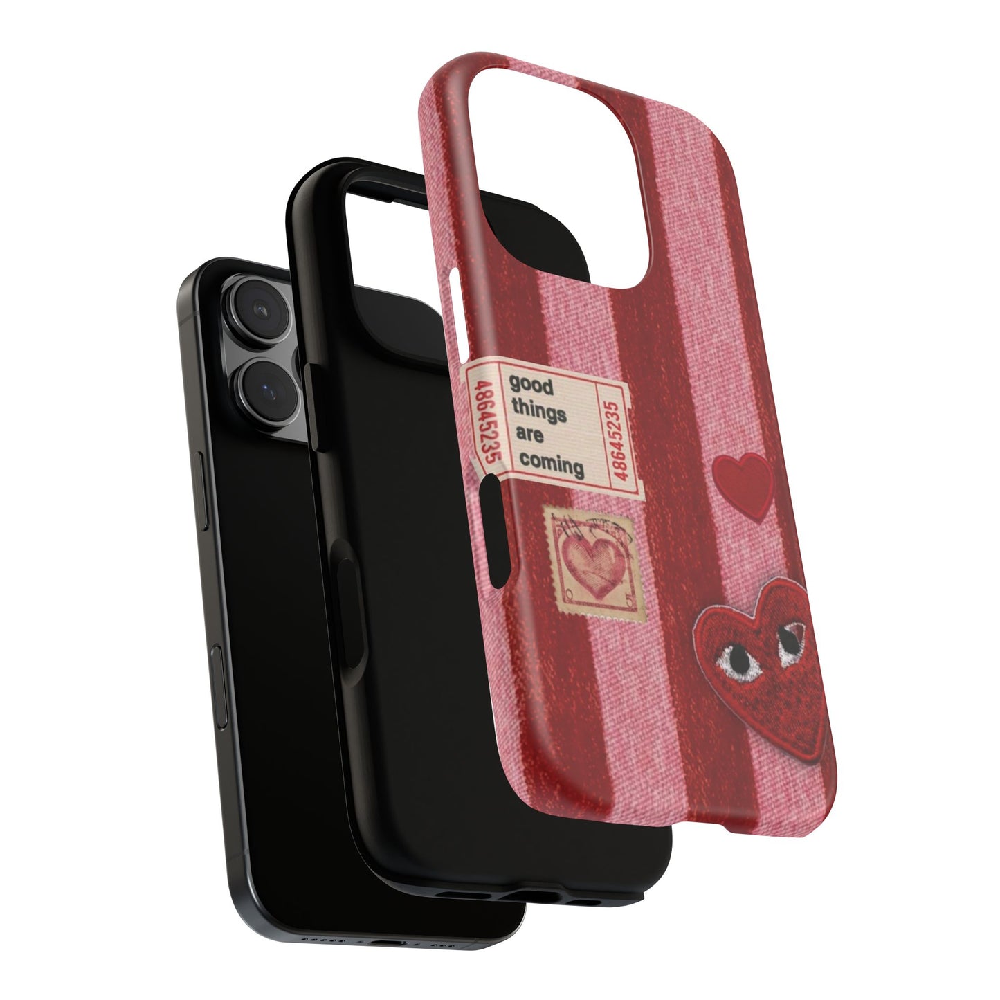 Phone Case — Red Striped Heart Design with “Good Things Are Coming”