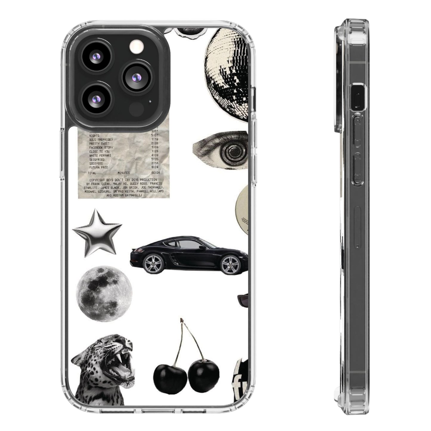 Clear Phone Case — Vintage Collage Stickers (Moon, Eye, Car, Cherries)