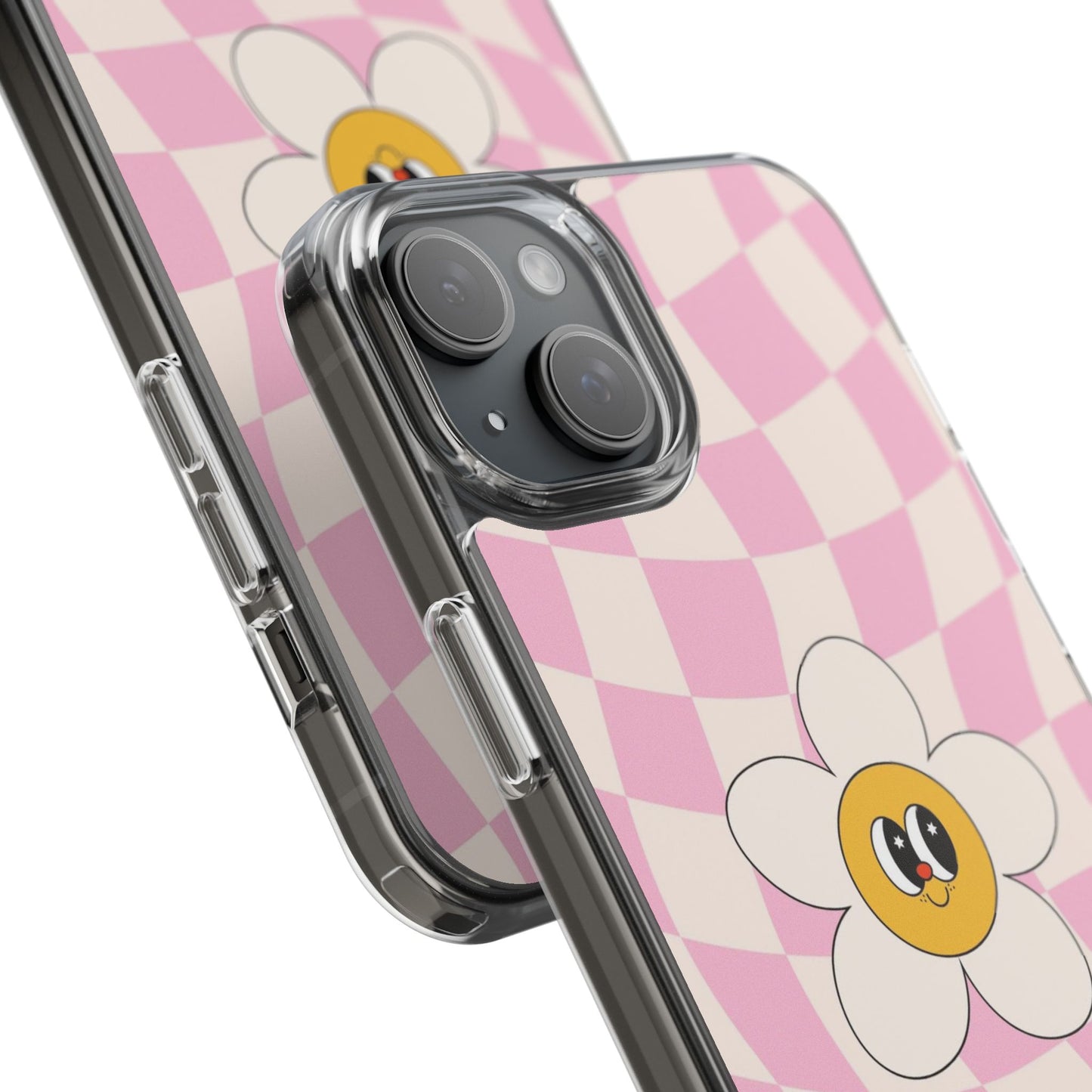 Clear Impact-Resistant Phone Case — Pink Checkerboard Daisy Design