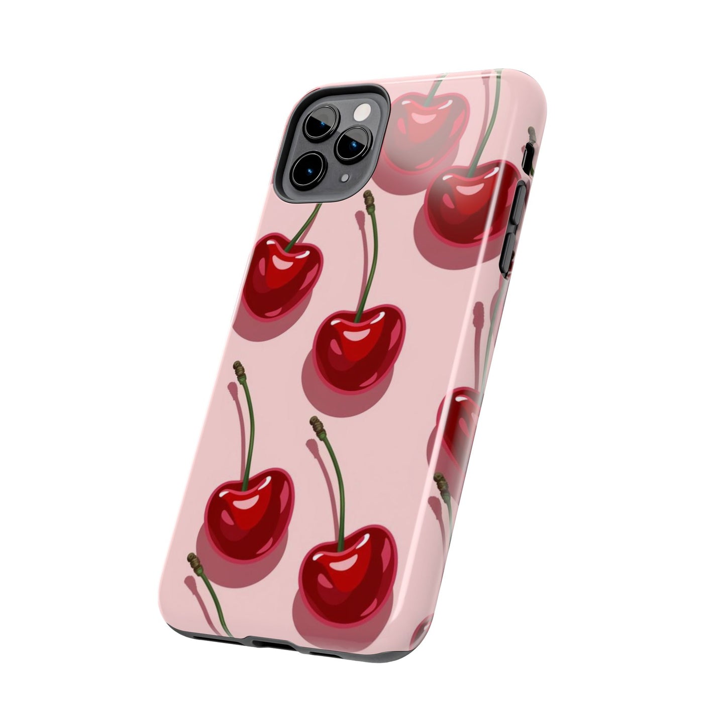 Cherry Pattern Tough Phone Case — Retro Pink Cherry Print Protective Phone Case