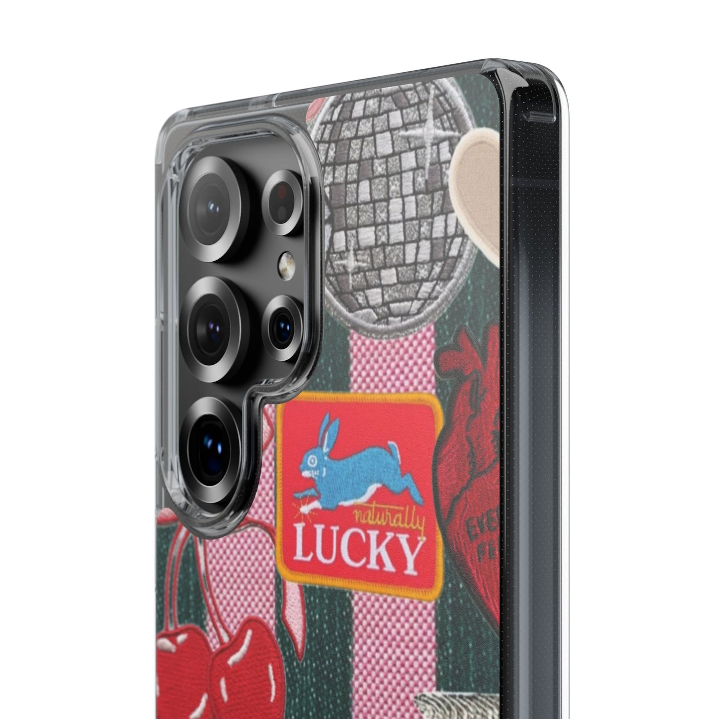 Clear Impact-Resistant Phone Case — Retro Patchwork Stickers (Lucky, Cherries, Silly Goose)