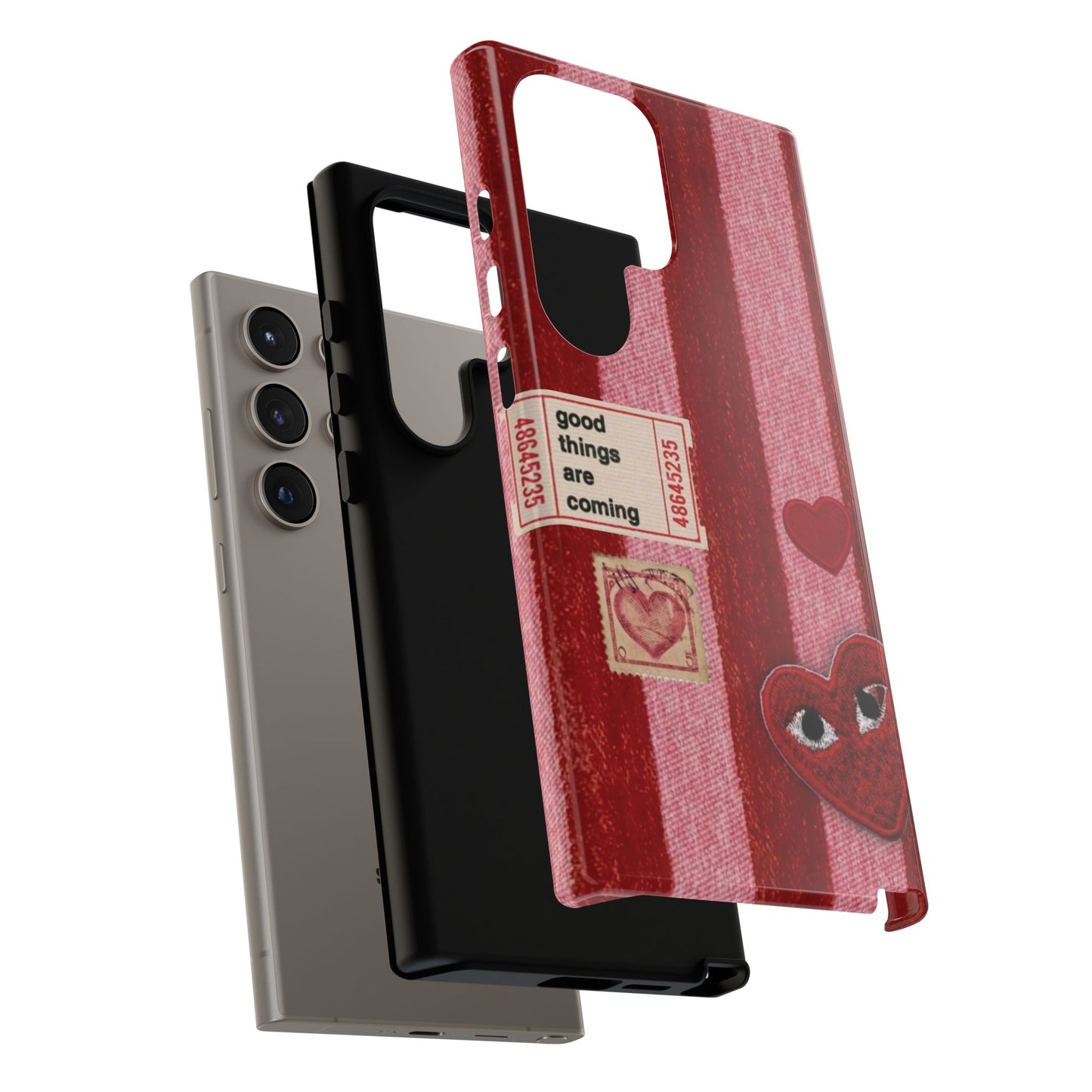 Phone Case — Red Striped Heart Design with “Good Things Are Coming”