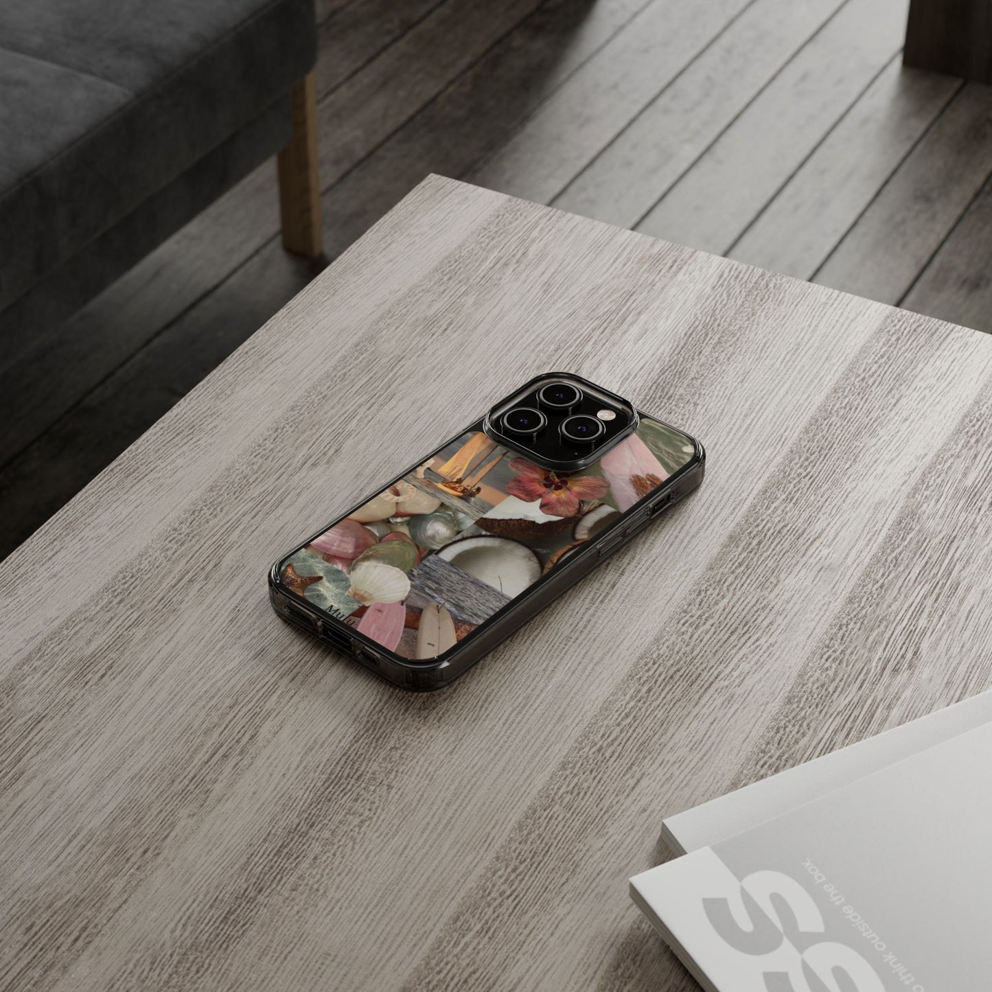 Clear Phone Case — Coastal Collage Shells & Surf Design