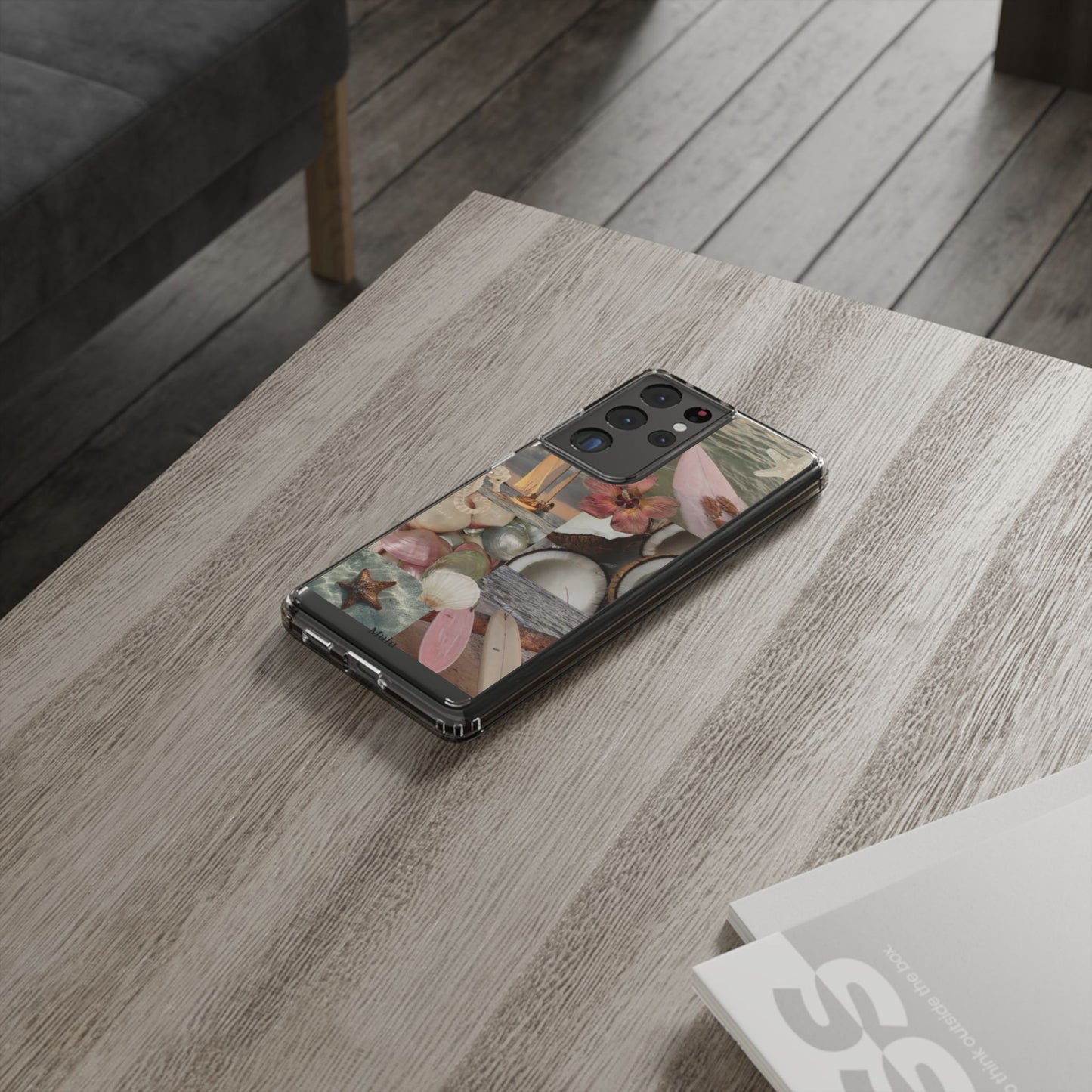 Clear Phone Case — Coastal Collage Shells & Surf Design