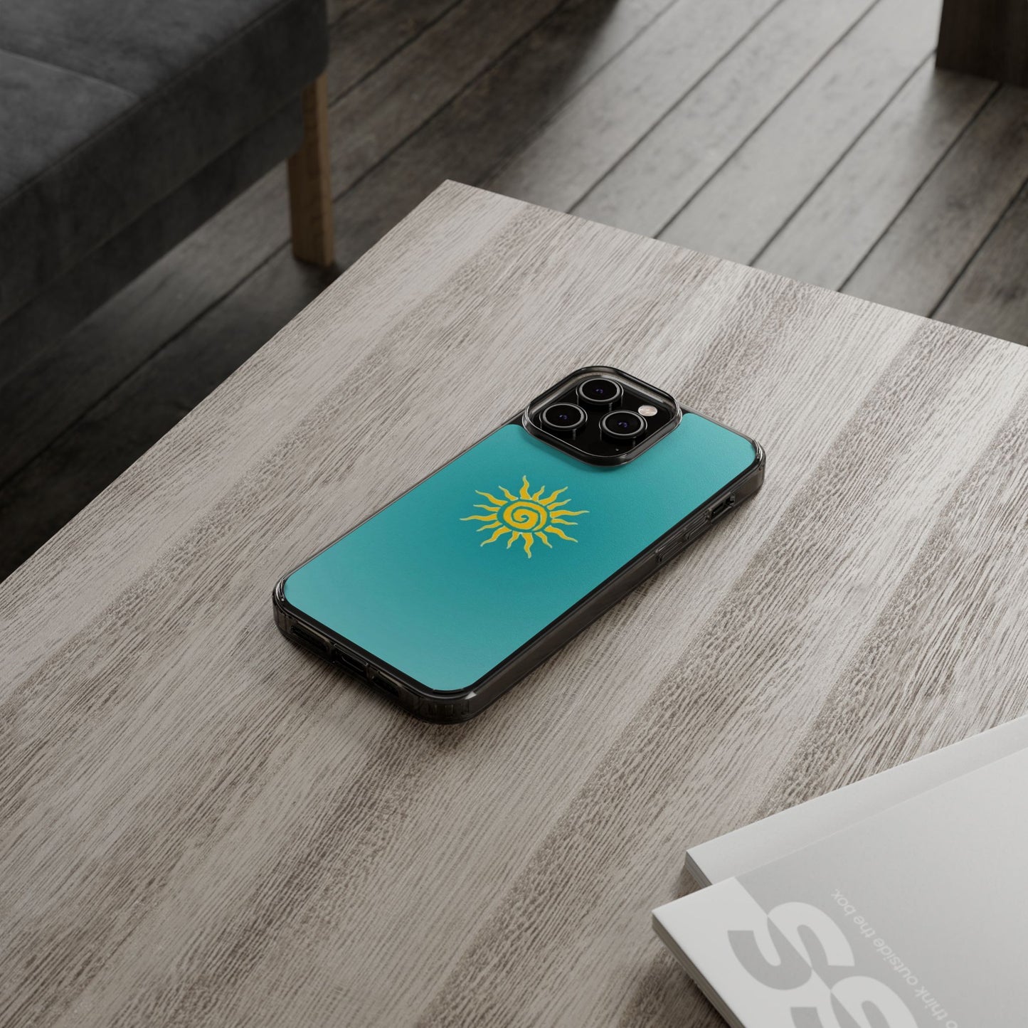 Clear Impact-Resistant Phone Case — Yellow Sun on Teal Gradient