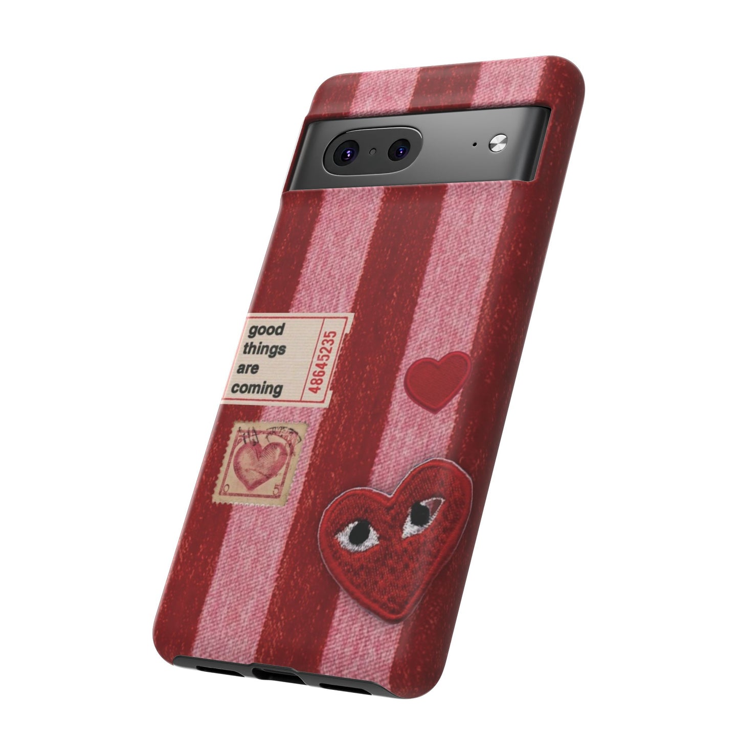 Phone Case — Red Striped Heart Design with “Good Things Are Coming”