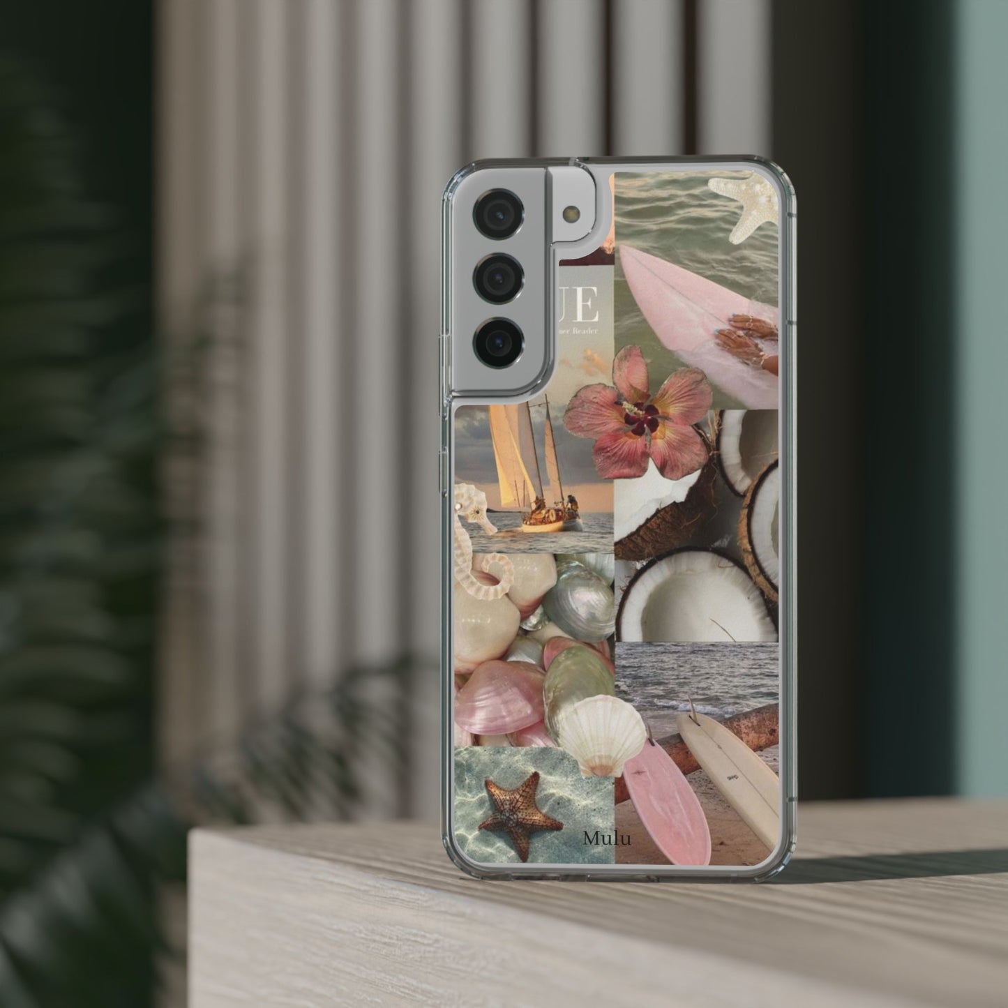 Clear Phone Case — Coastal Collage Shells & Surf Design