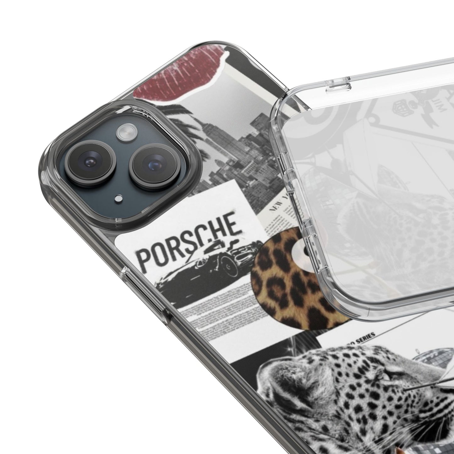 Clear Impact-Resistant Phone Case — Collage Luxury Leopard & Vintage Car Design