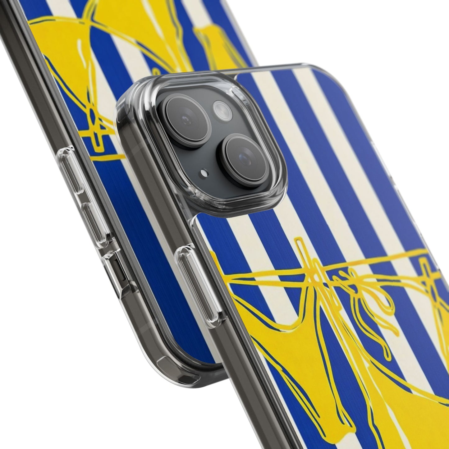 Striped Beach Bikini Phone Case — Yellow Swimwear on Blue & White Stripes, Clear Impact-Resistant