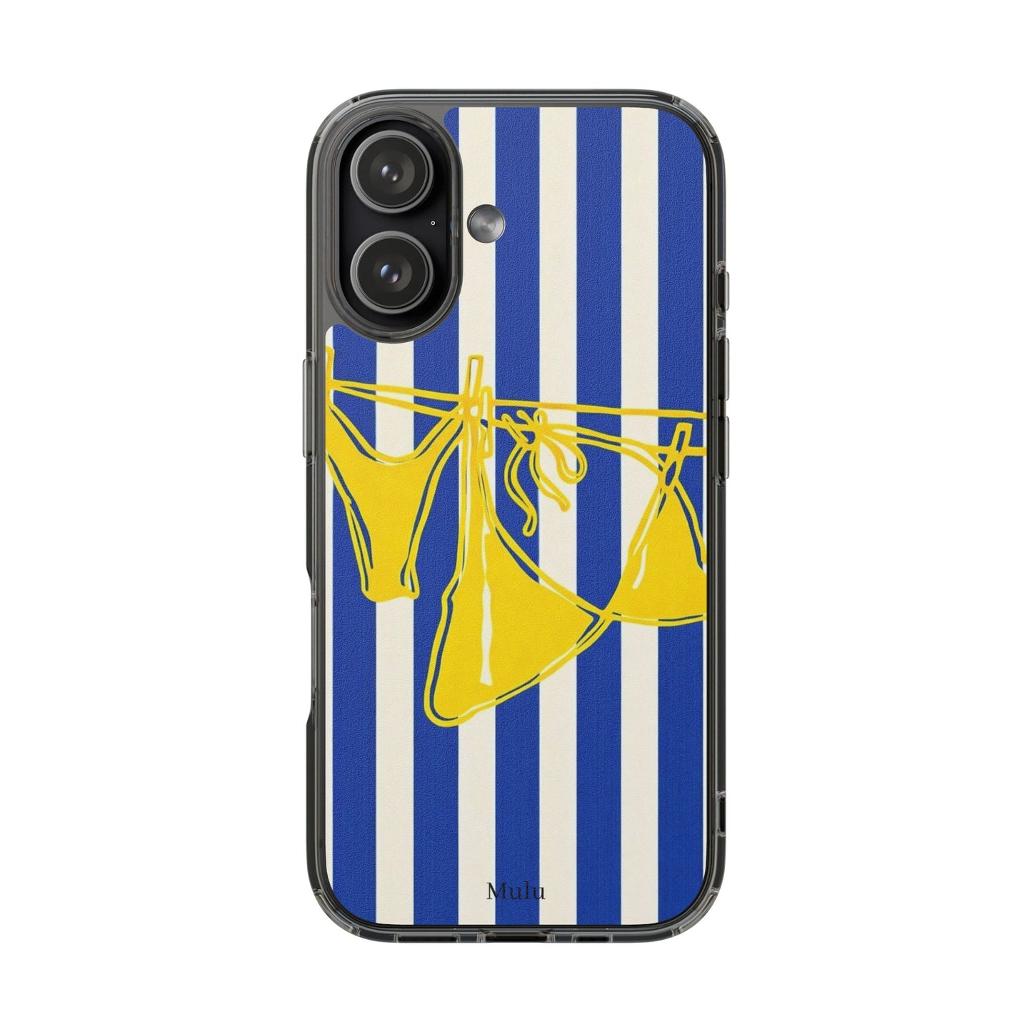 Striped Beach Bikini Phone Case — Yellow Swimwear on Blue & White Stripes, Clear Impact-Resistant