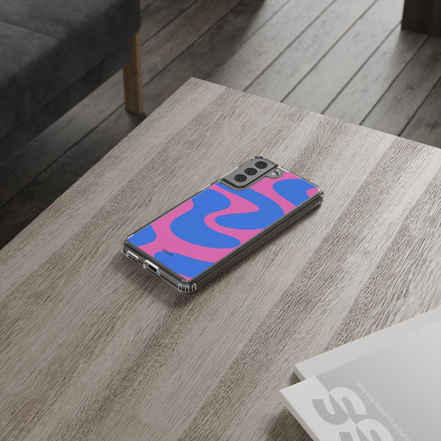 Clear Impact-Resistant Phone Case — Retro Blue & Pink Abstract Swirl