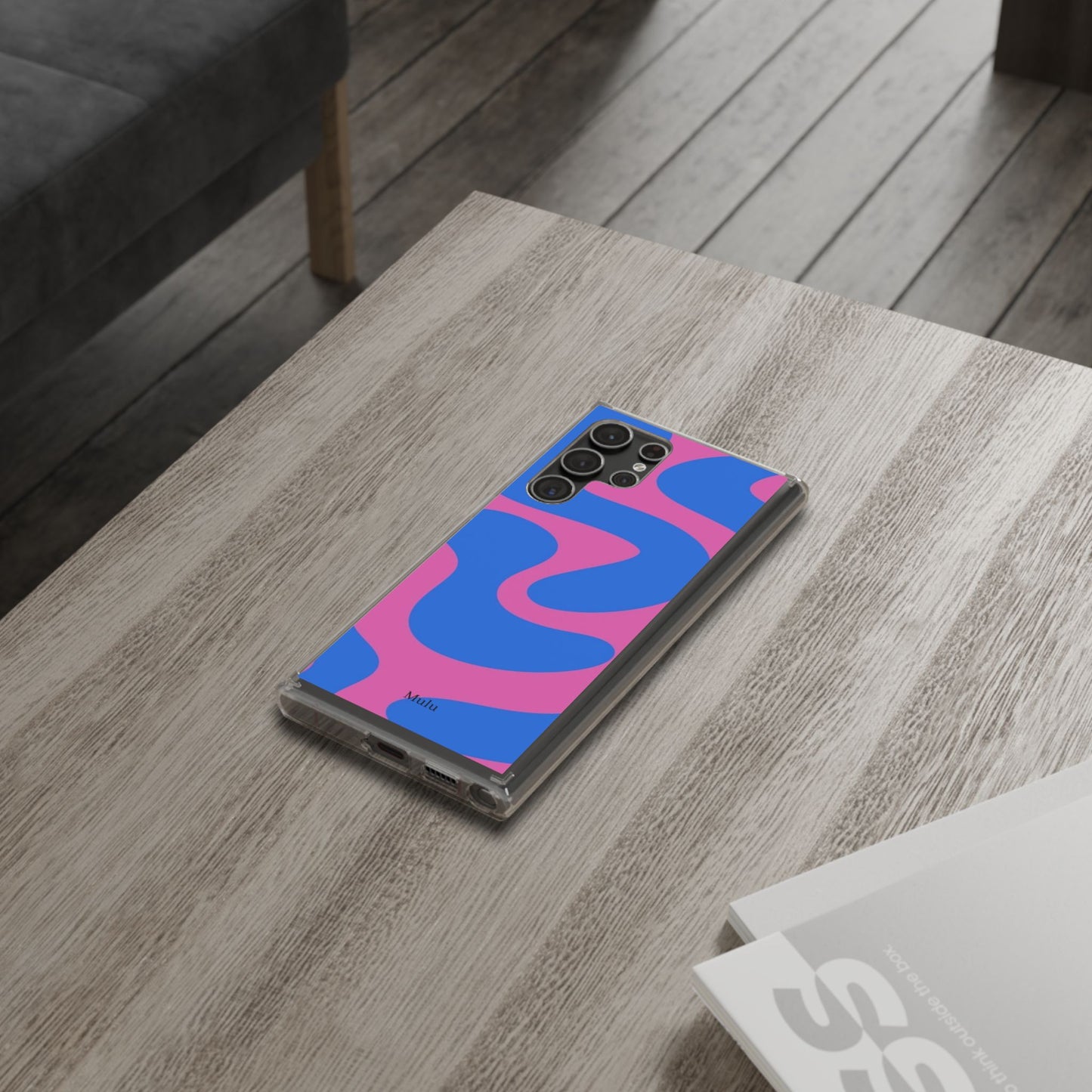 Clear Impact-Resistant Phone Case — Retro Blue & Pink Abstract Swirl