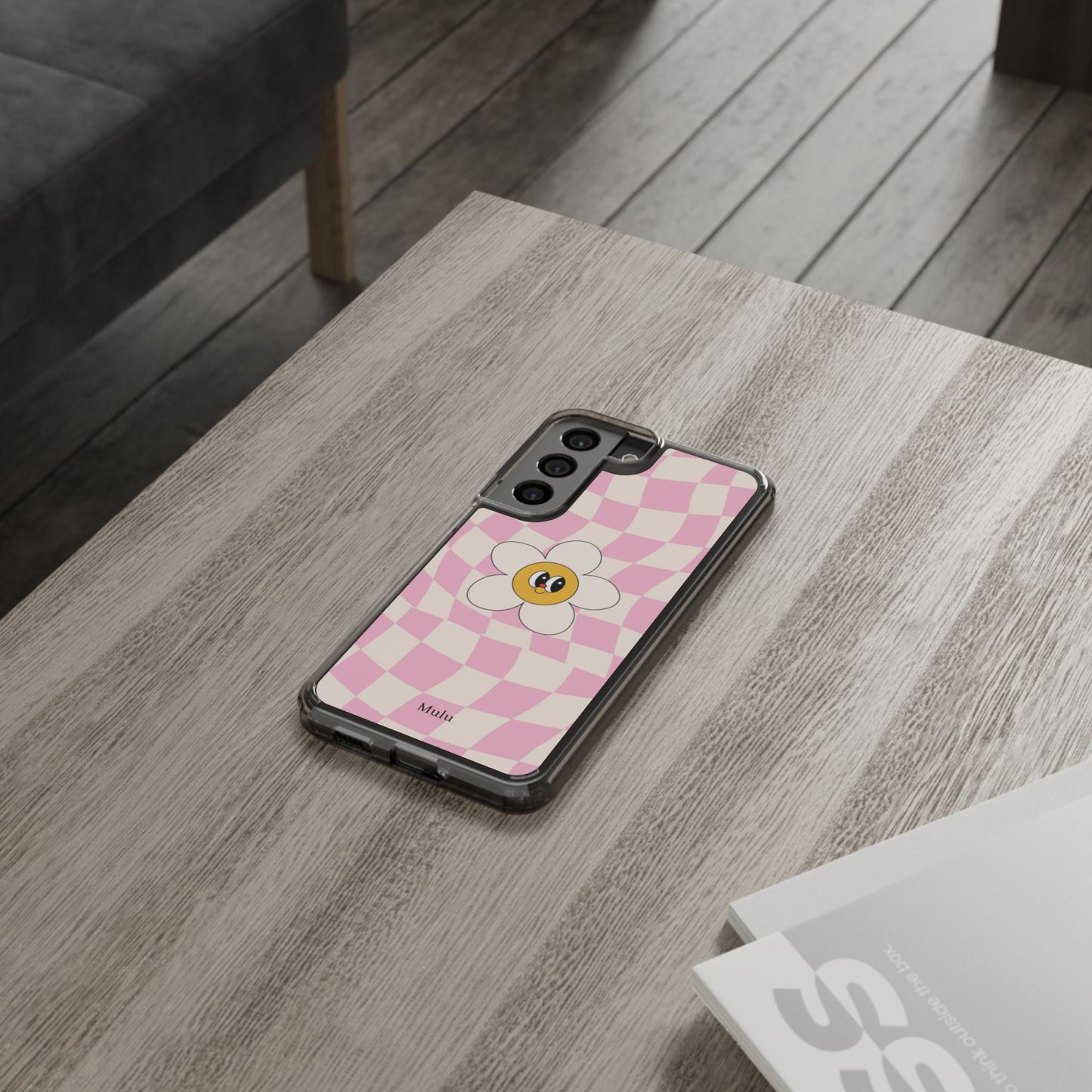 Clear Impact-Resistant Phone Case — Pink Checkerboard Daisy Design