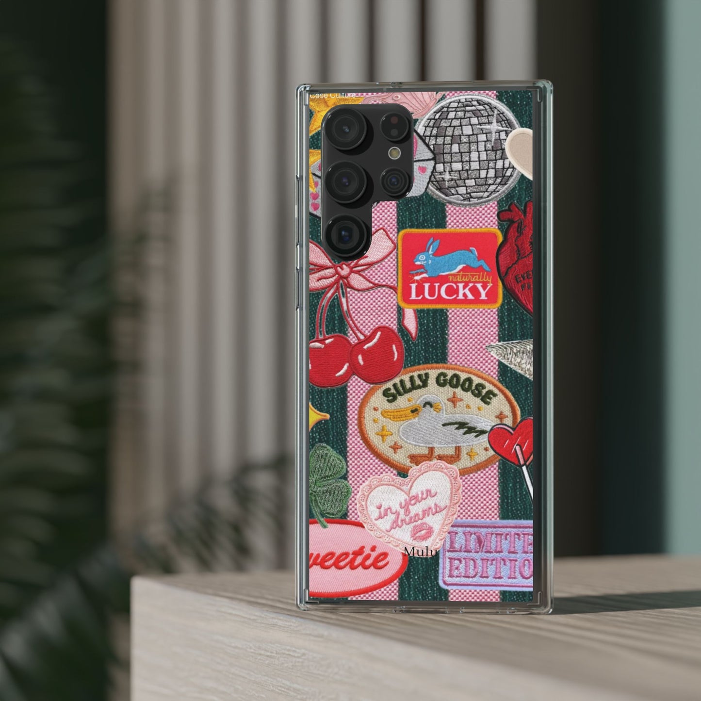 Clear Impact-Resistant Phone Case — Retro Patchwork Stickers (Lucky, Cherries, Silly Goose)