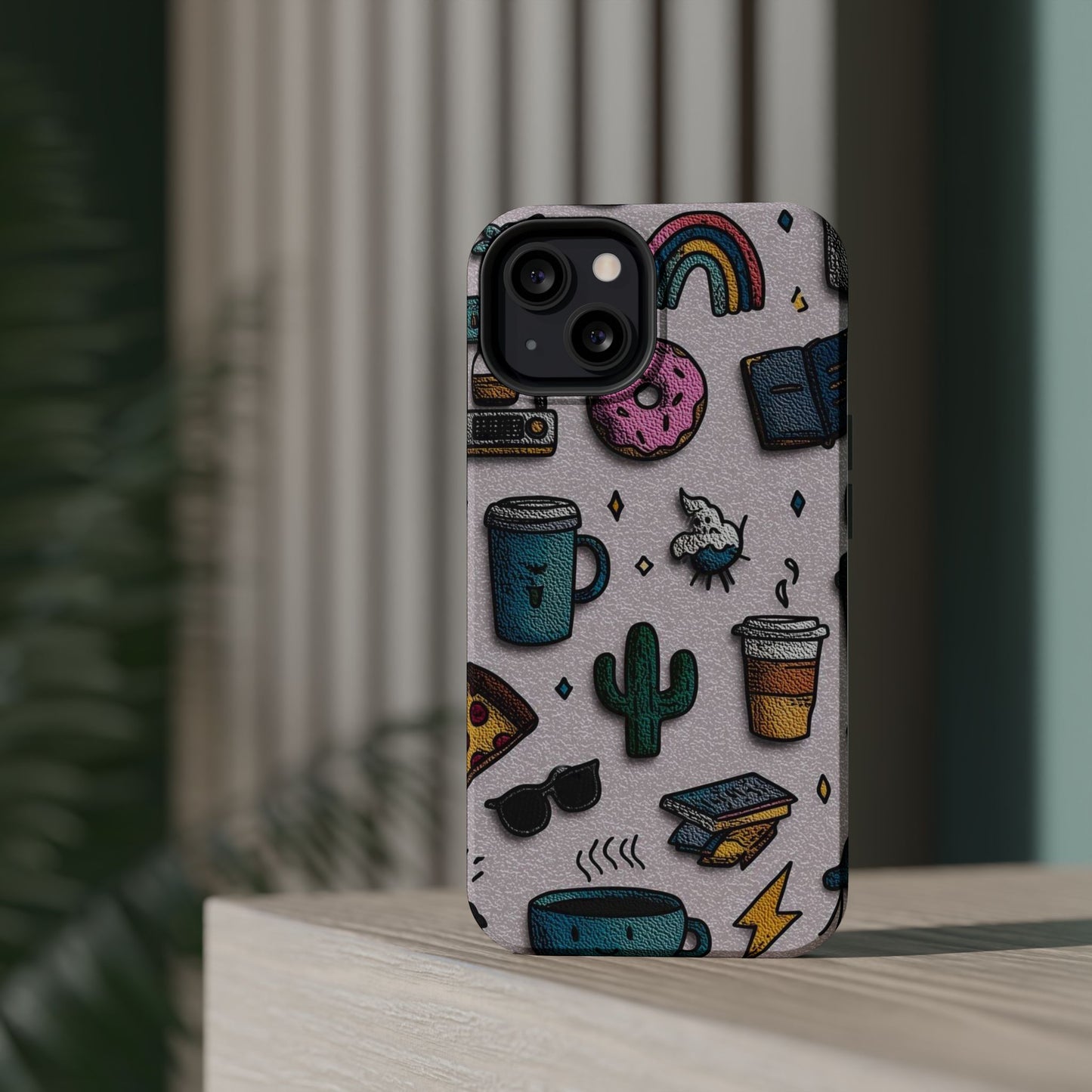 Cute Doodle Phone Case — Magnetic Impact-Resistant Design (coffee, rainbow, cactus)
