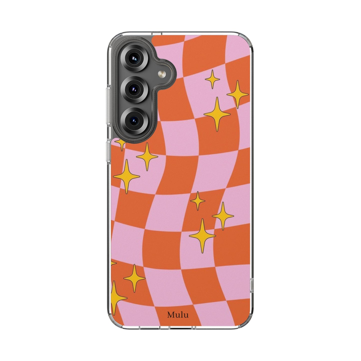 Clear Impact-Resistant Case — Retro Pink & Orange Checker with Sparkle Stars