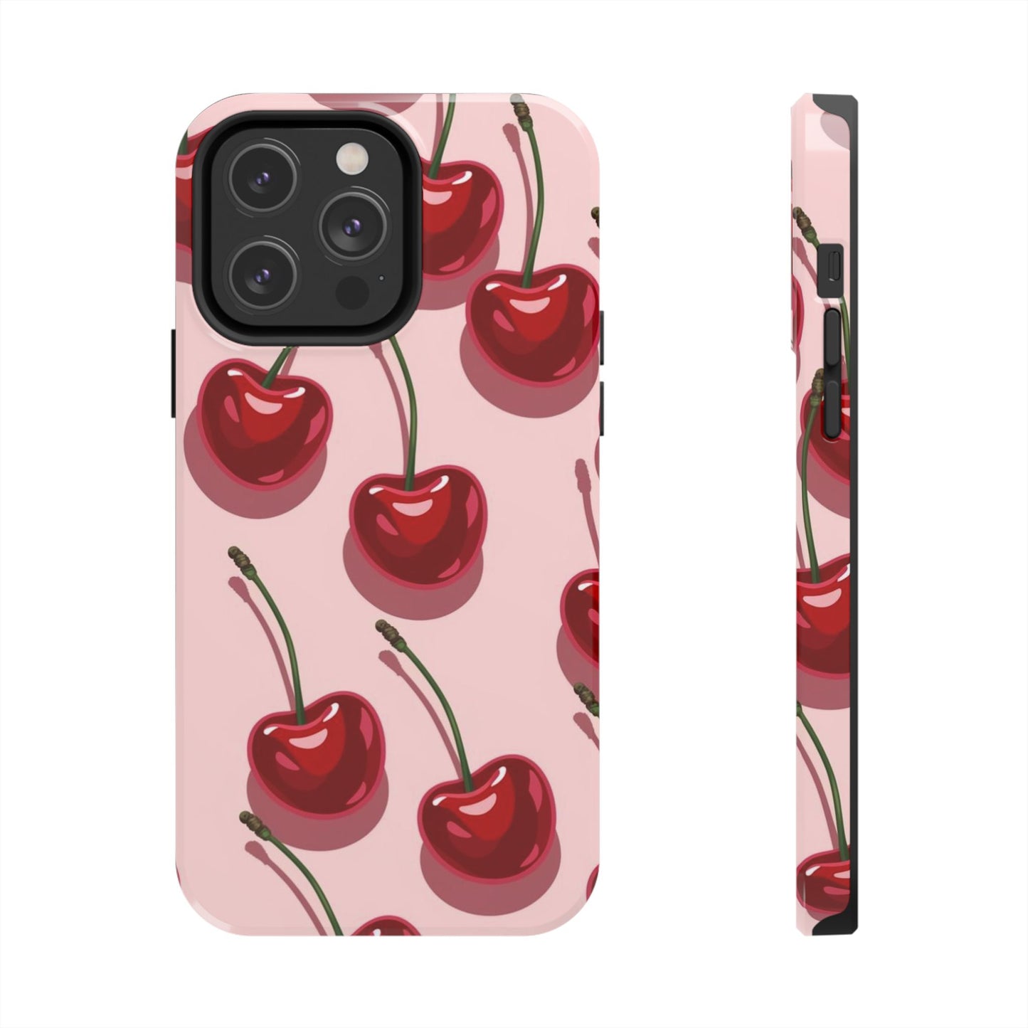 Cherry Pattern Tough Phone Case — Retro Pink Cherry Print Protective Phone Case