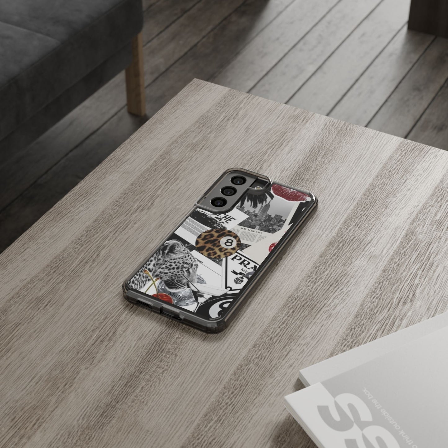Clear Impact-Resistant Phone Case — Collage Luxury Leopard & Vintage Car Design
