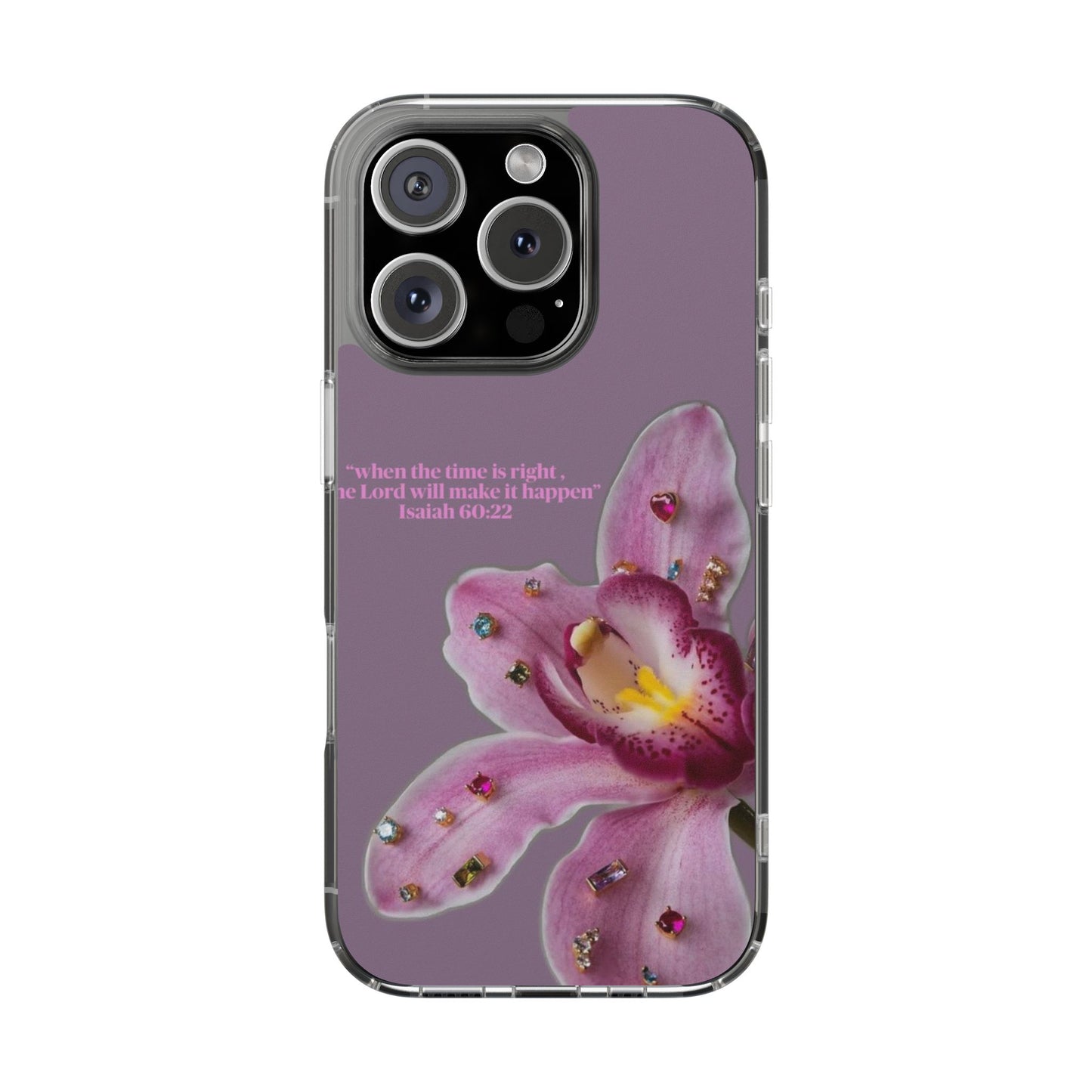 Clear Floral Impact-Resistant Phone Case — "When the time is right" Rose Orchid Design