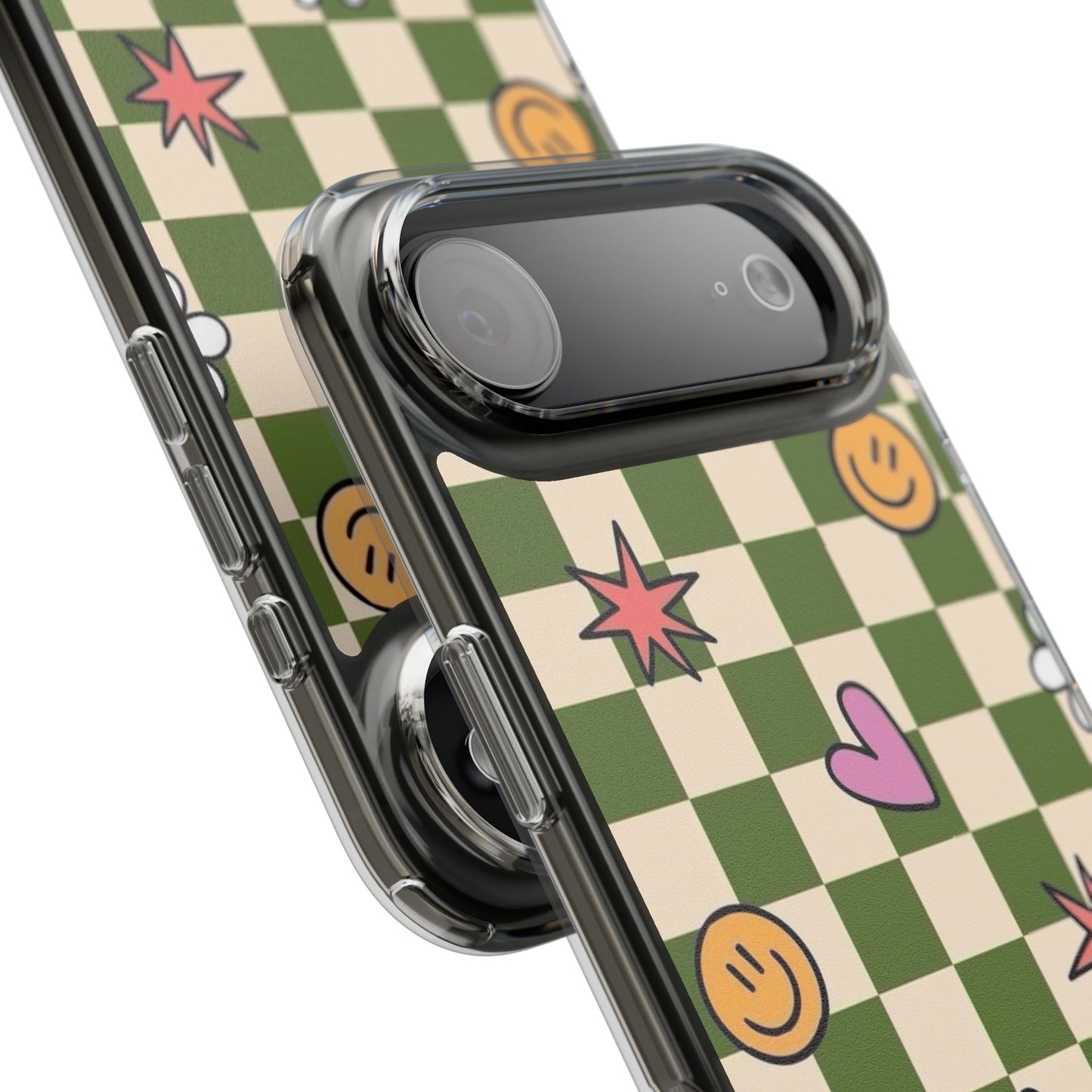 Clear Impact-Resistant Case — Retro Green Checkerboard with Smiley, Hearts & Flowers