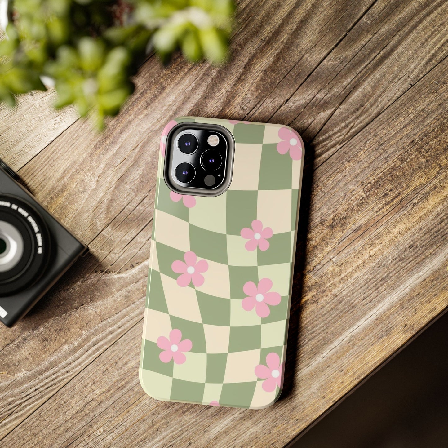 Tough Phone Case — Retro Green Checkerboard with Pink Flowers