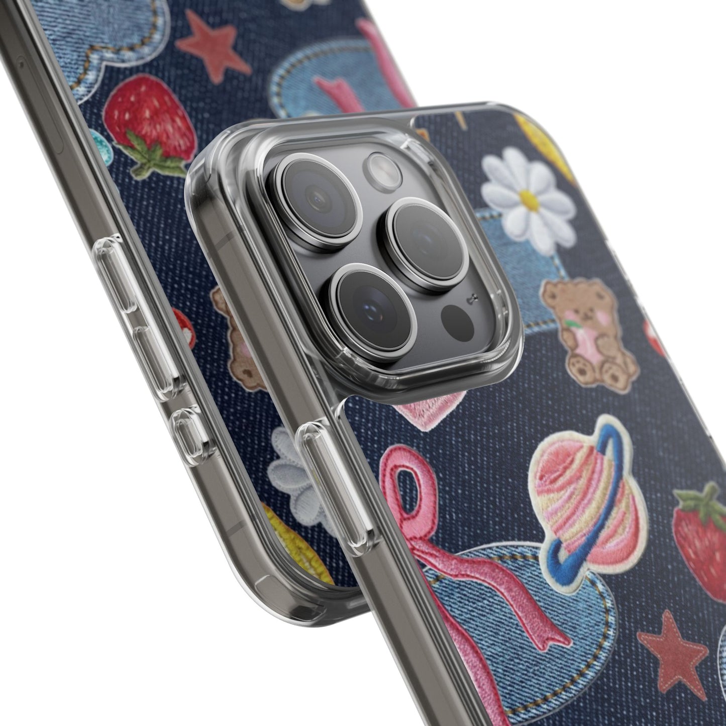 Clear Impact-Resistant Phone Case — Cute Denim Patch Collage (Teddy, Strawberry, Planet)