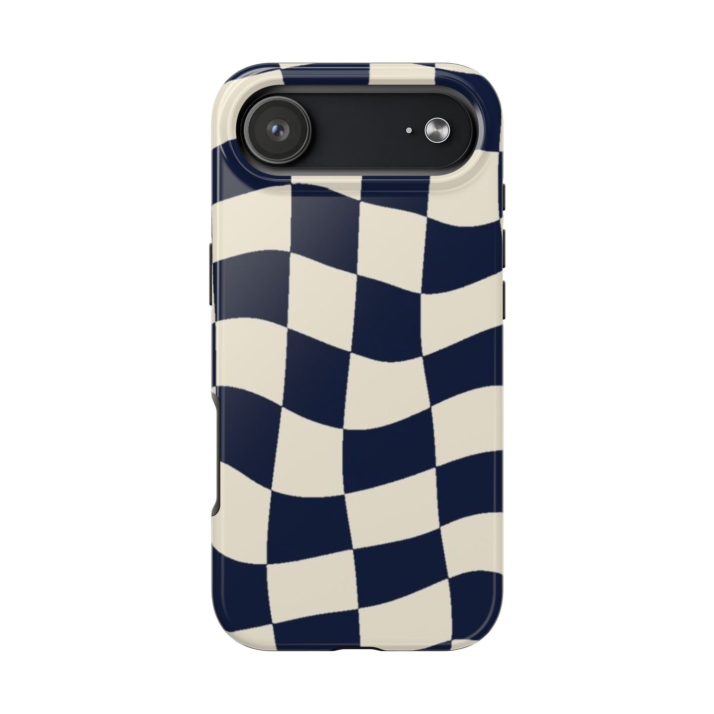 Wavy Checkerboard Tough Phone Case — Navy & Cream Protective Cover