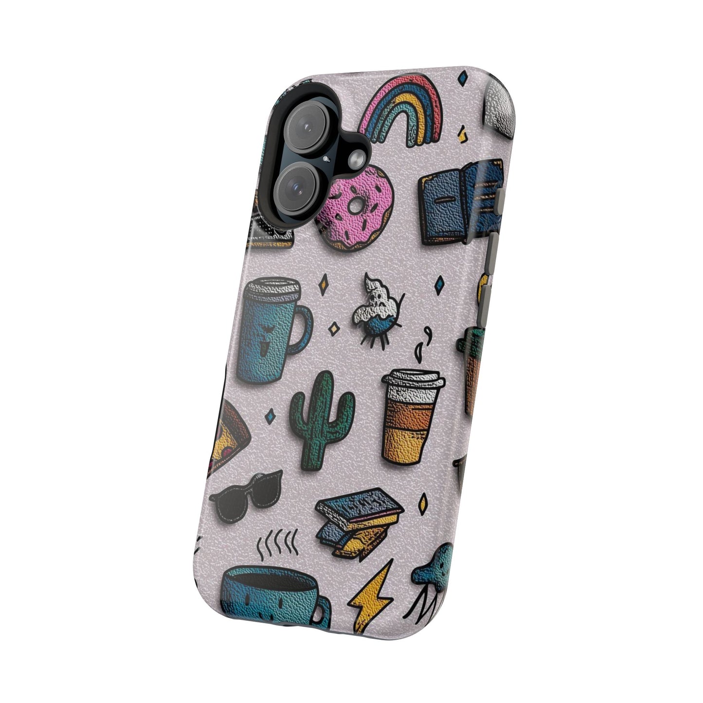 Cute Doodle Phone Case — Magnetic Impact-Resistant Design (coffee, rainbow, cactus)