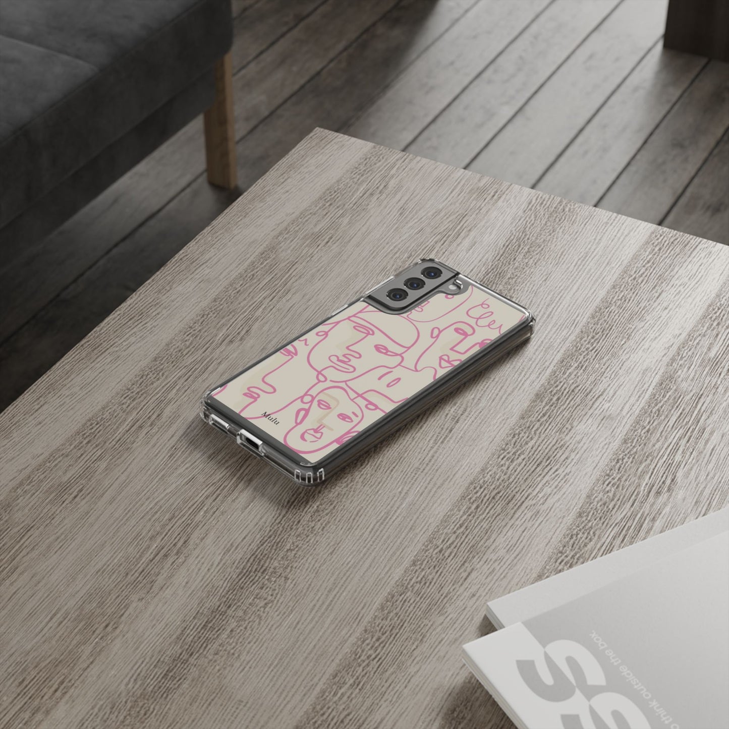 Clear Impact-Resistant Phone Case — Pink Minimalist Line Faces Design