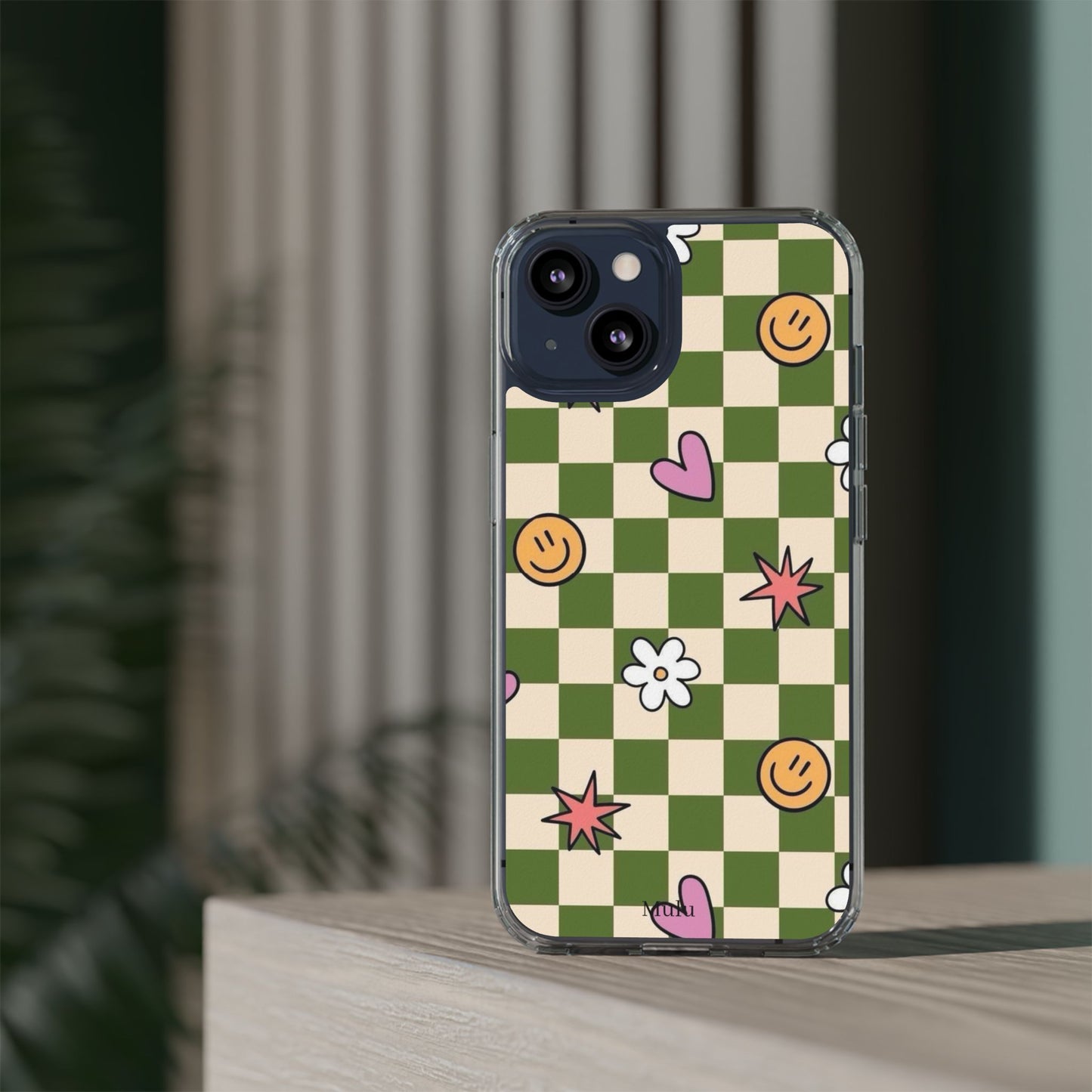 Clear Impact-Resistant Case — Retro Green Checkerboard with Smiley, Hearts & Flowers