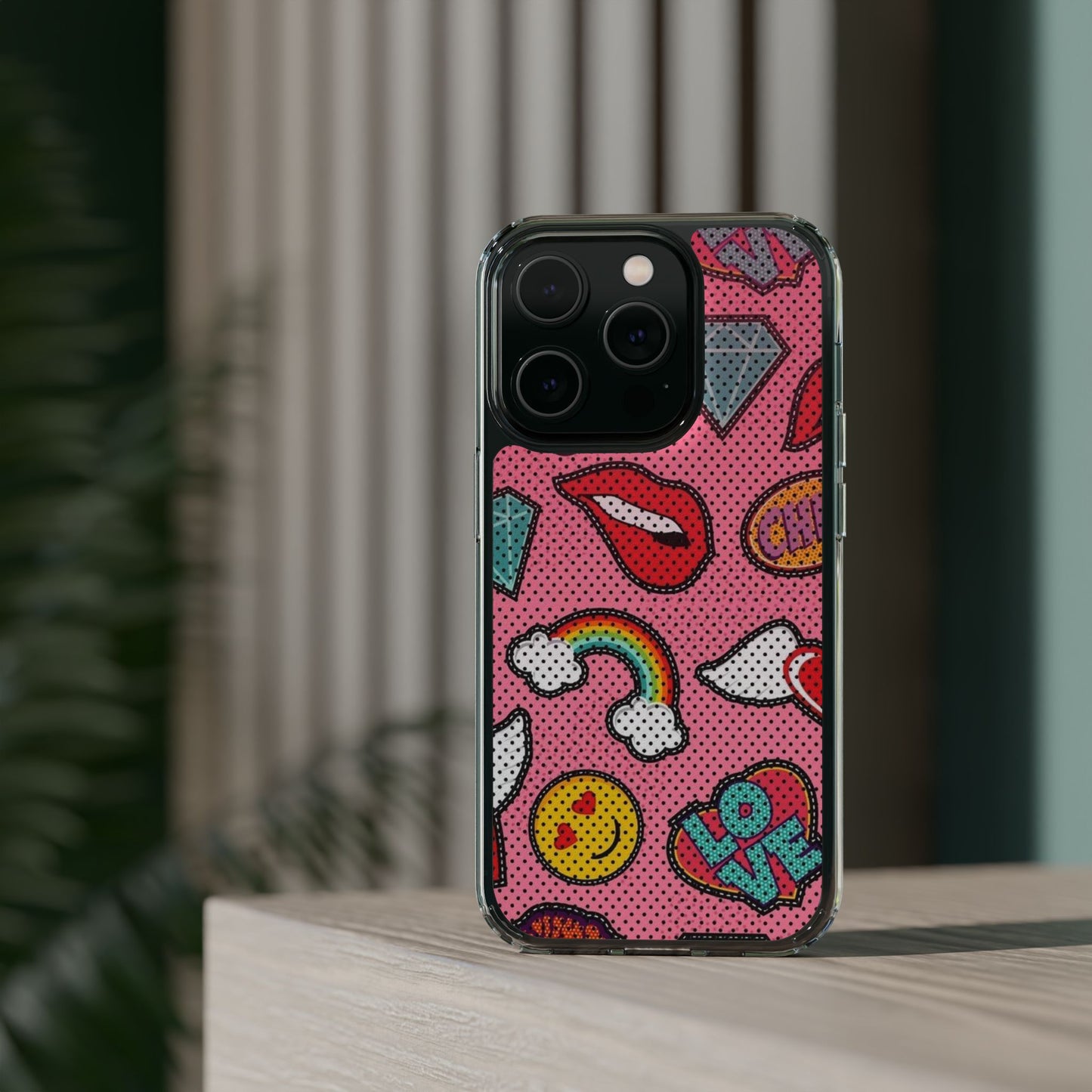 Clear Impact-Resistant Phone Case — Pink Pop Sticker Pattern (Hearts, Rainbows, Smileys)