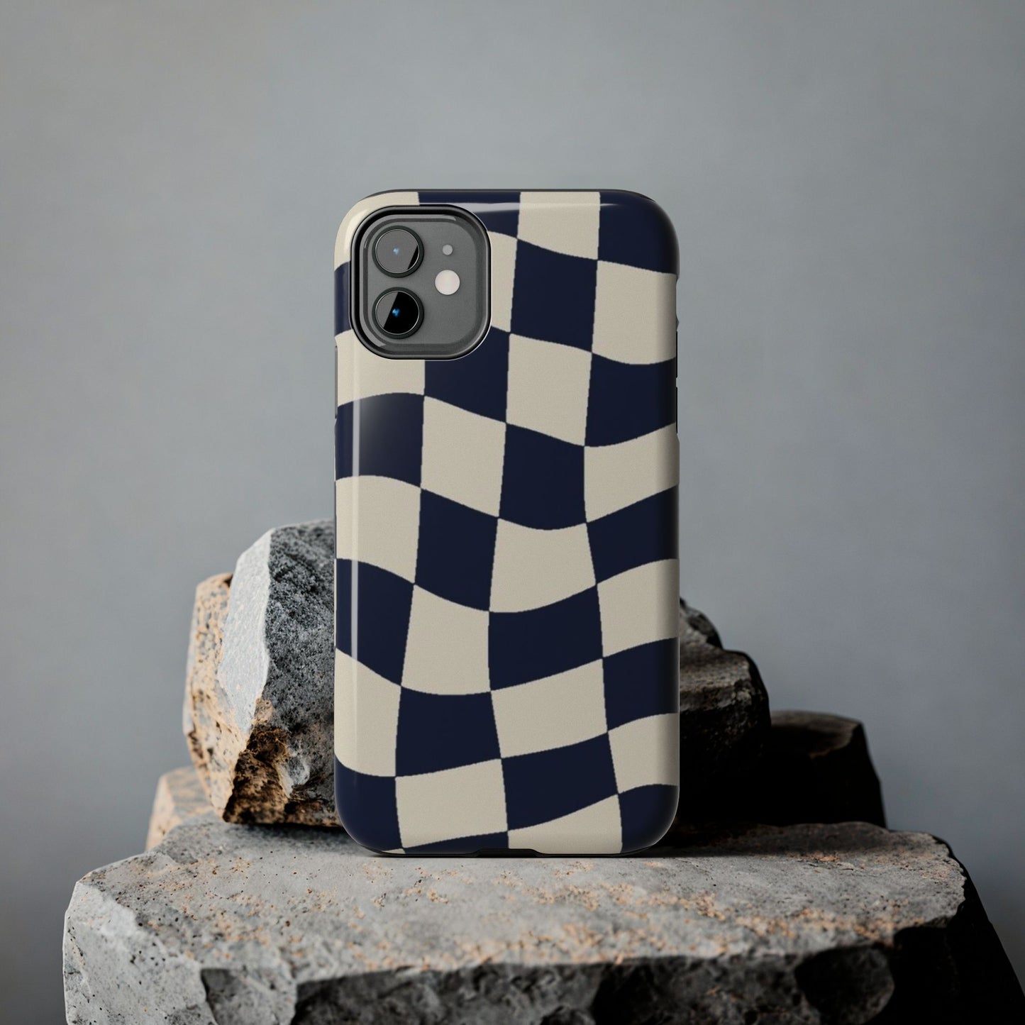 Wavy Checkerboard Tough Phone Case — Navy & Cream Protective Cover