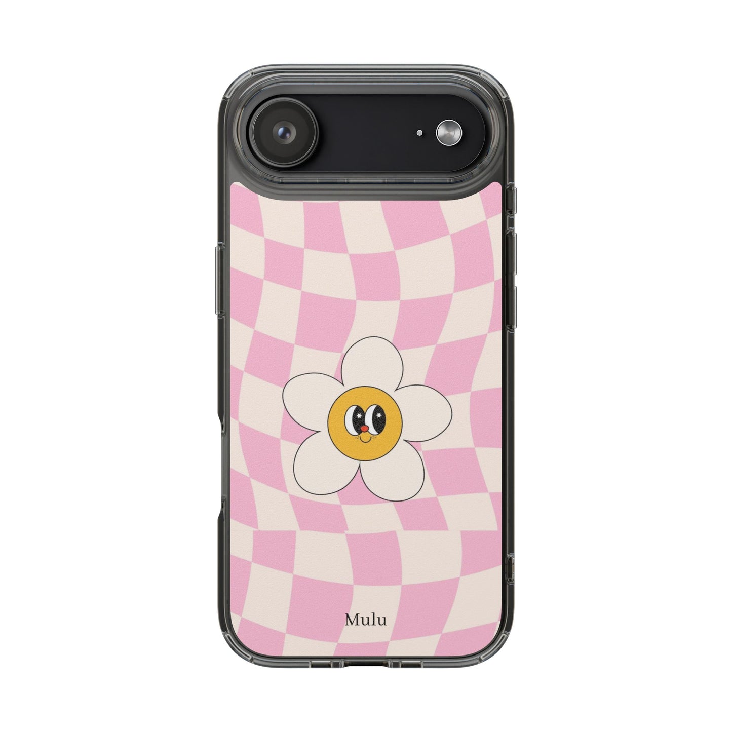 Clear Impact-Resistant Phone Case — Pink Checkerboard Daisy Design