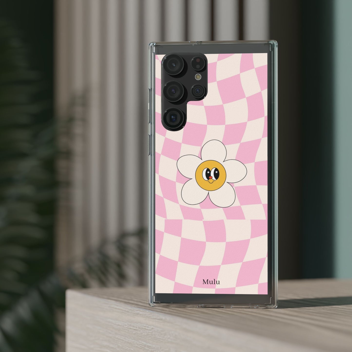 Clear Impact-Resistant Phone Case — Pink Checkerboard Daisy Design