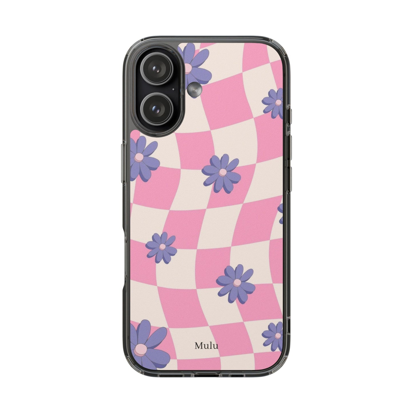 Clear Impact Phone Case — Pink Checkerboard with Purple Flowers