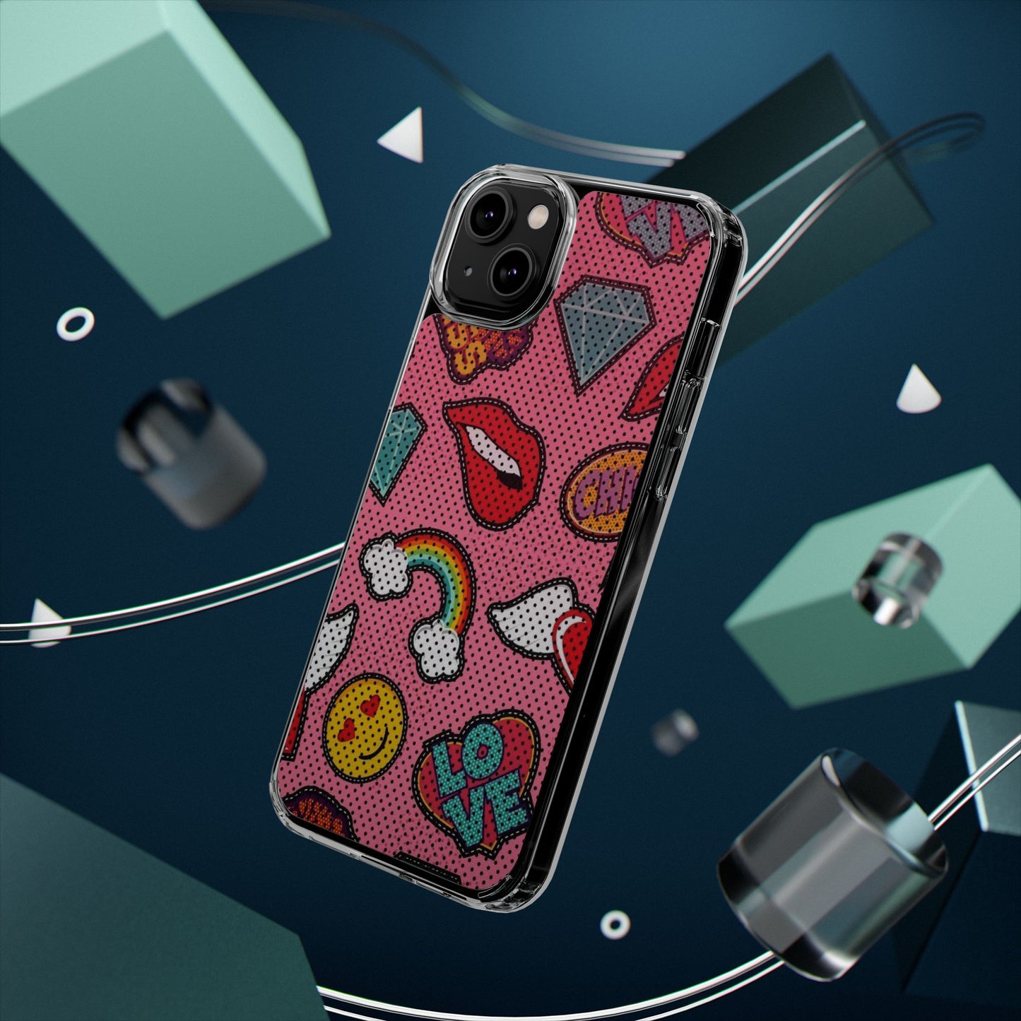 Clear Impact-Resistant Phone Case — Pink Pop Sticker Pattern (Hearts, Rainbows, Smileys)