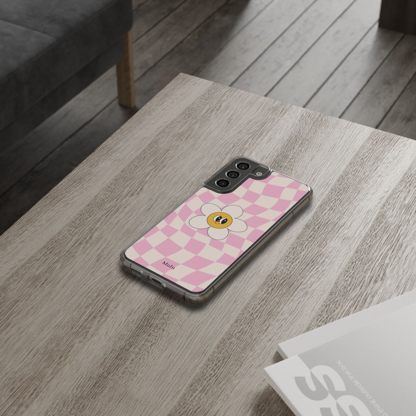 Clear Impact-Resistant Phone Case — Pink Checkerboard Daisy Design