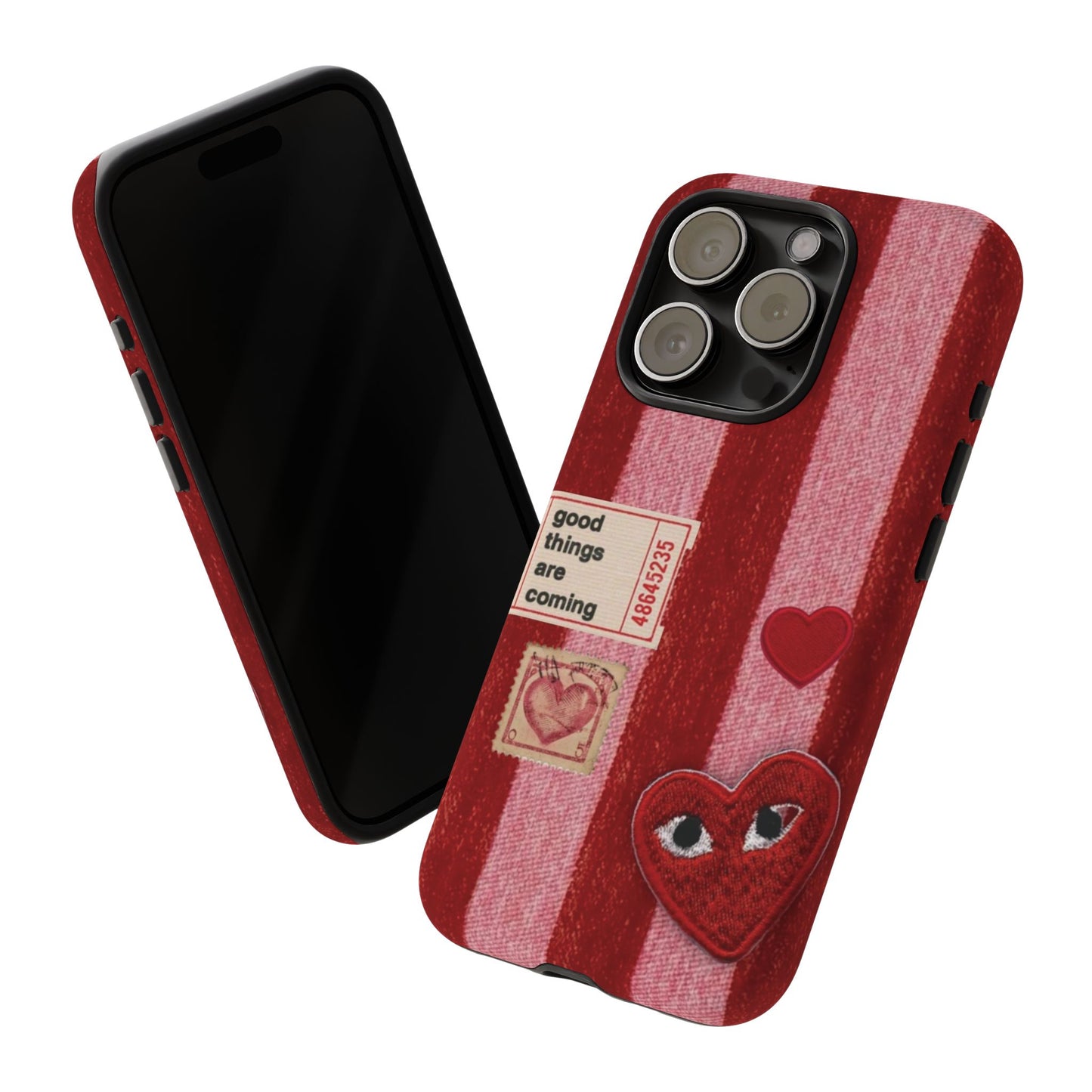 Phone Case — Red Striped Heart Design with “Good Things Are Coming”